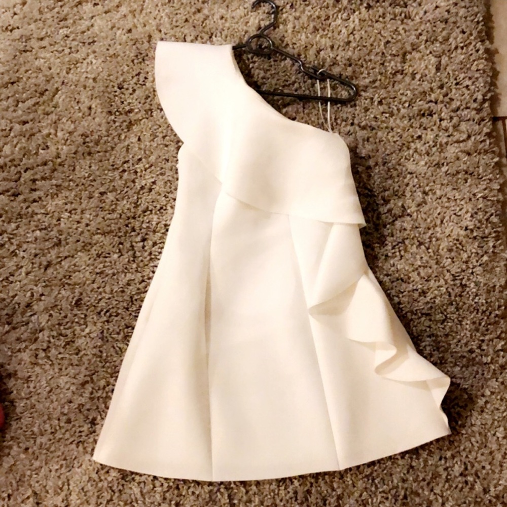 White ruffled off the shoulder mini dress